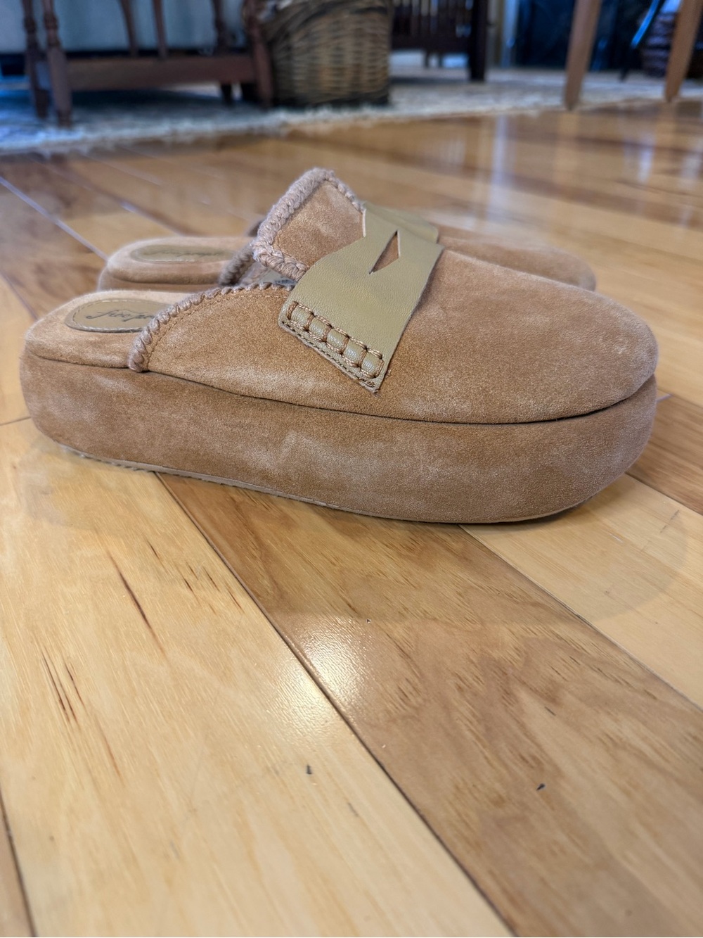 Free People Suede Platform Slip-On Mules Braided Trim Slippers